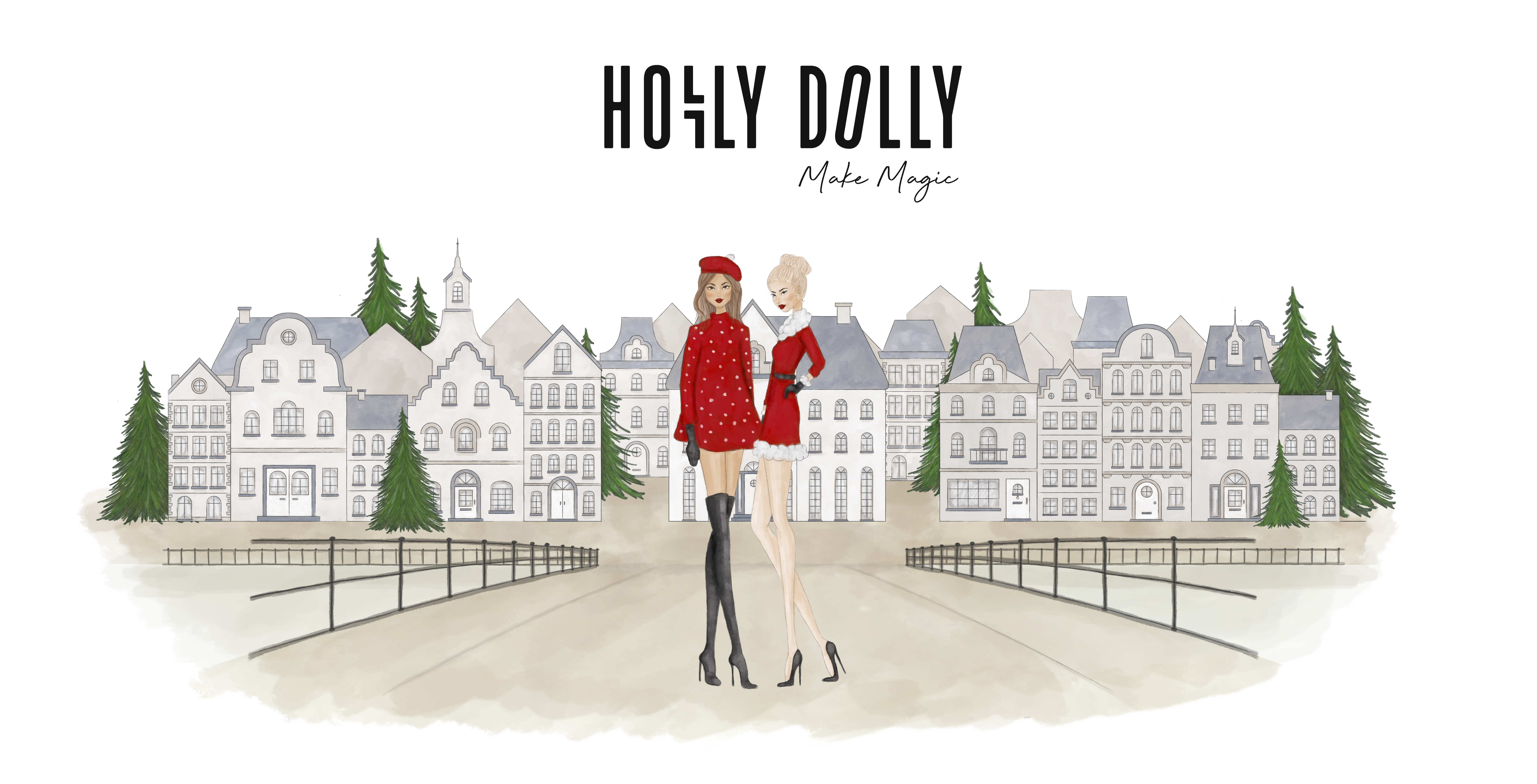 Illustratie Holly Dolly Kerst landschap met stad als achtergrond